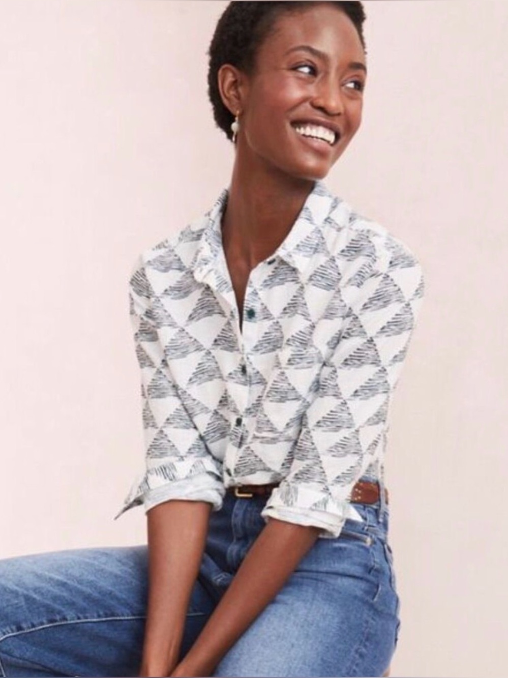 Garnet Hill Easy Linen Button Down Shirt Triangle Print Size 6